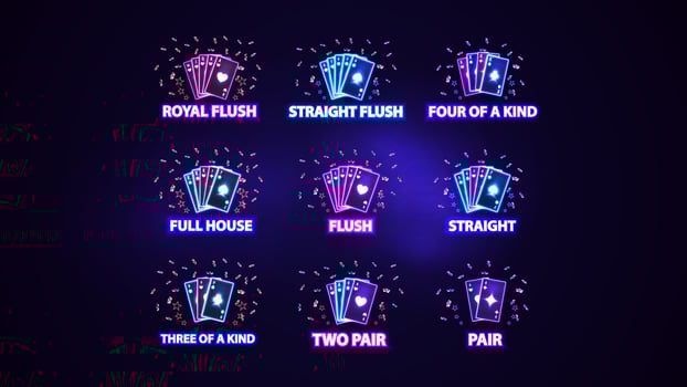Full set of neon poker hand rankings signs. Pink and blue shine neon casino playing cards vector