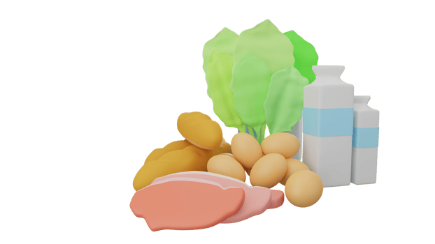 3D rendering of healthy food, eggs, milk, bread, vegetable, meat, raw food for dietary png