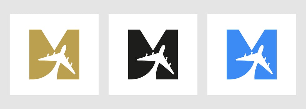 Tropical Travel Logo On Letter M Concept. Airplane Flight Symbol Template vector
