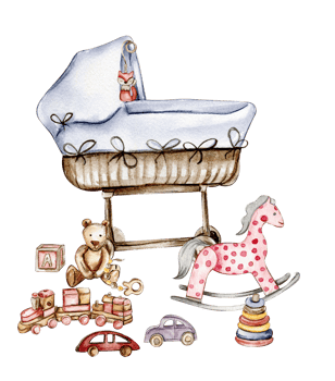 Composition of watercolor baby toys and teddy bear. png