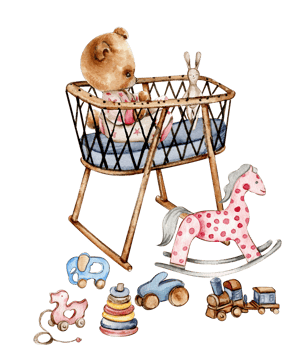 Composition of watercolor baby toys and teddy bear. png