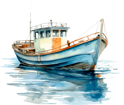Watercolor hand drawn illustration background, barkas or lanch, blue boat in the sea, swings on waves, isolated background. Applicable for cards, surface design, packaging. png