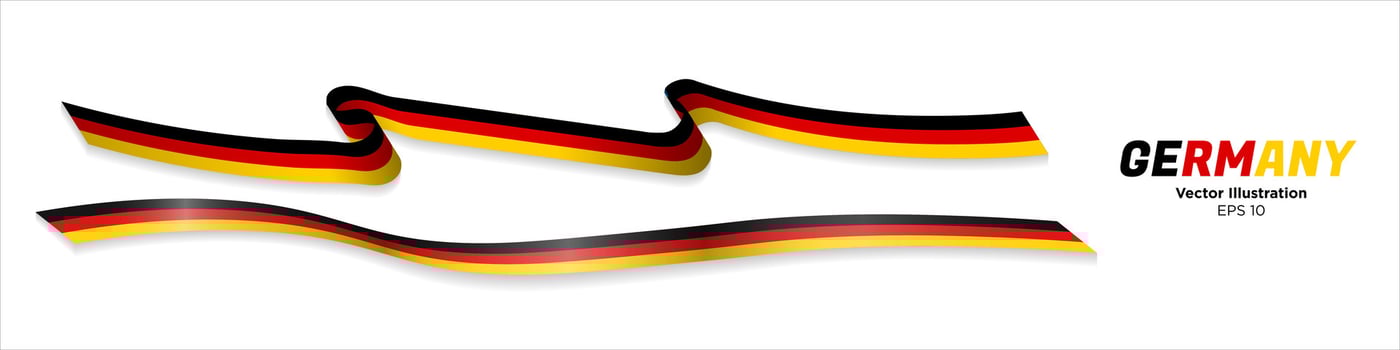 3d Rendered German Flag Ribbons with shadows, isolated on white background. Curled and rendered in perspective. Graphic Resource. Editable Vector Illustration.