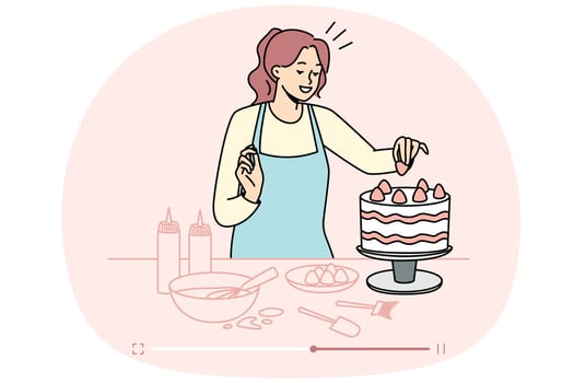 Female food blogger shooting cake recipe on online channel. Woman vlogger make live stream of dessert baking. Homemade bakery. Vector illustration.