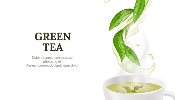 Vector illustration of a hot cup of green tea with a fresh leaf. Healthy and aromatic beverage concept with natural and organic elements on a white background. Liquid splashing water flow.