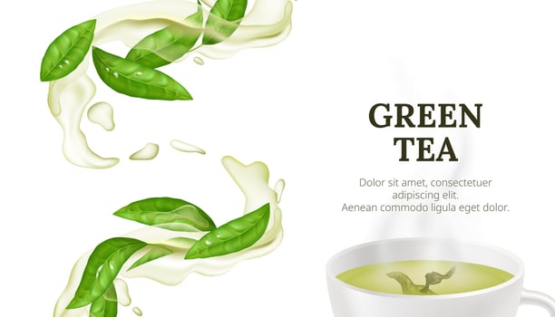 Vector illustration of a hot cup of green tea with a fresh leaf. Healthy and aromatic beverage concept with natural and organic elements on a white background. Liquid splashing water flow.