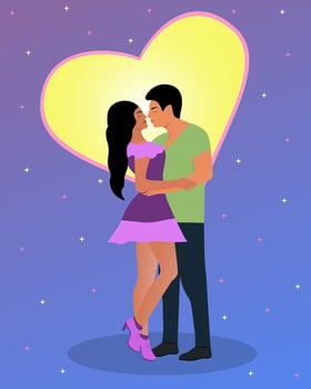 Vector image of a loving couple. First kiss. Love. Girl and guy on the background of the heart. Valentine's Day. Postcard