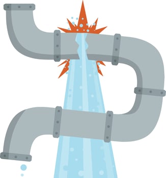 Steel pipe for water. Sewerage and water supply. Mechanical part. Kitchen tube. Home communication system. Cartoon flat illustration. Water leak, spill and blue drops. Broken part. vector