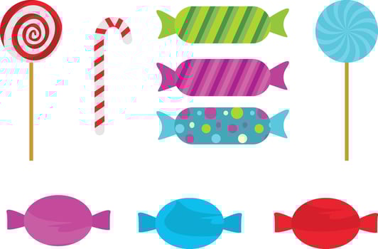Set of colorful Halloween candy for kids. Vector candies decorated with colorful halloween elements and ornaments