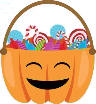 Halloween pumpkin with candies. Cartoon candy pumpkin basket, lollipop, jelly food and candy cane vector illustration. Halloween pumpkins, lollipops and candies