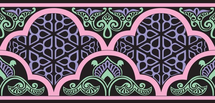 Vector colored seamless oriental national ornament. Endless ethnic floral border, arab peoples frame. Persian painting