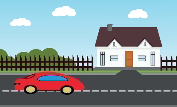 Suburban houses, street with cottages with garages. A street of houses with green trees and a road in perspective. Village. Vector illustration in cartoon style.