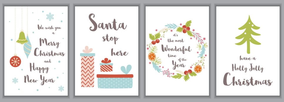 Merry Christmas greeting cards set Cute invitations template isolated on background. Collection with Xmas tree gift box floral wreath in hand drawn cartoon style. Vector elements for Christmas design.