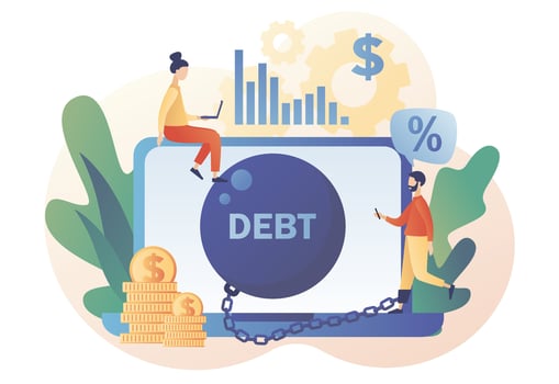Money debts online concept. Banking, bankruptcy, finance. Tiny man chained by huge weight debt metal ball have financial problems. Modern flat cartoon style. Vector illustration on white background