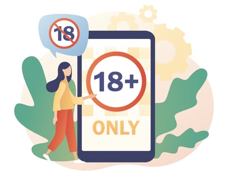 18 restriction sign on smartphone screen. Adult only. Age limit symbol. Prohibition sign for people under eighteen years of age. Modern flat cartoon style. Vector illustration on white background