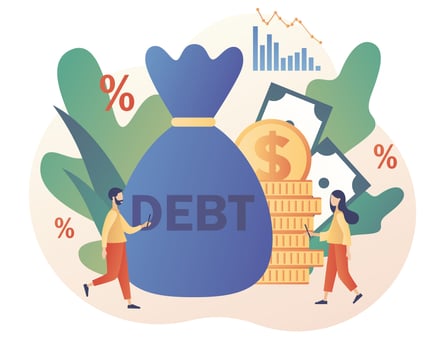 Tiny people have financial problems. Money debts concept. Banking, bankruptcy, finance. Modern flat cartoon style. Vector illustration on white background