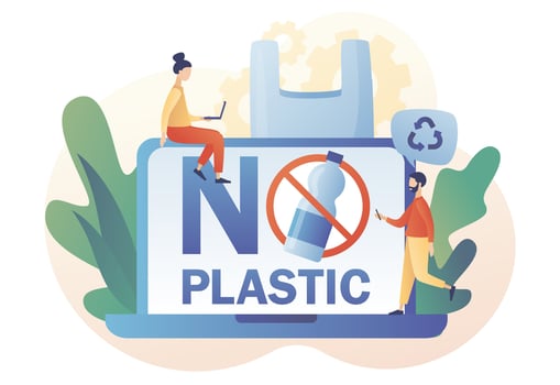 No plastic sign on laptop screen. Reduce pollution. Environmental concept. Tiny people against plastic garbage. Modern flat cartoon style. Vector illustration on white background
