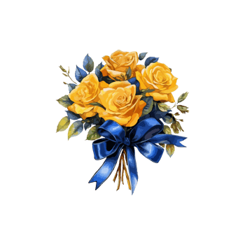 illustration watercolor yellow rose bouquet with blue ribbon romantic png