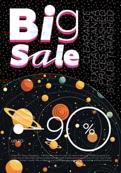 Big sale and discount poster. Promo inscription on abstract space pattern background. Black Friday trendy placard with advertising text. Creative typography art print. Fashion shopping cover template vector