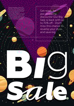 Big sale and discount poster. Promo inscription on abstract space pattern background. Black Friday trendy placard with advertising text. Creative typography print. Fashion shopping design template vector