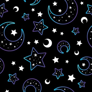 Mystical bright neon pattern with moon and stars vector