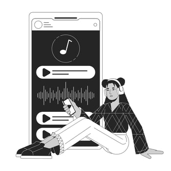 Listening to music on smartphone bw concept vector spot illustration. Woman sitting in headphones 2D cartoon flat line monochromatic character for web UI design.editable isolated outline hero image