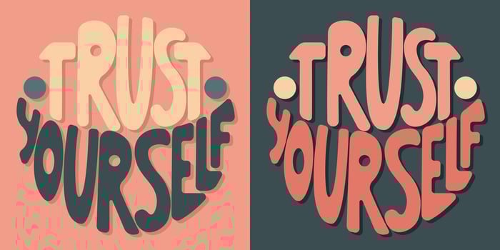 Handwritten inscription trust yourself in the form of circle. Colorful cartoon vector design. Illustration for any purpose. Positive motivational or inspirational quote. Groovy cool vintage lettering.
