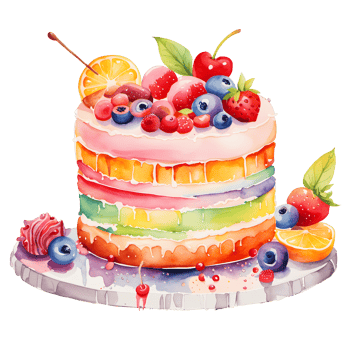 Watercolor fresh sweet colorful fruits cakes. Cherry, strawberry and orange topping cream. Homemade bakery with dessert and food illustration png