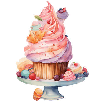 Watercolor fresh sweet colorful rainbow cupcakes and strawberry, berry topping cream. Homemade bakery with dessert and food illustration png