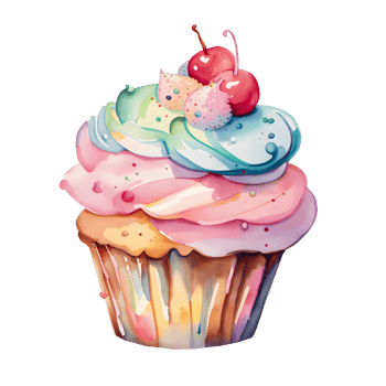 Watercolor fresh sweet colorful rainbow cupcakes and strawberry, berry topping cream. Homemade bakery with dessert and food illustration png