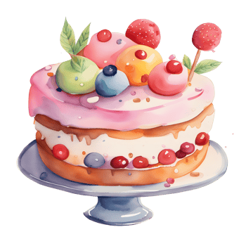 Watercolor fresh sweet colorful fruits cakes. Cherry, strawberry and orange topping cream. Homemade bakery with dessert and food illustration png