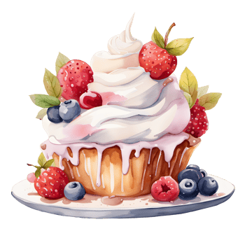 Watercolor fresh sweet colorful rainbow cupcakes and strawberry, berry topping cream. Homemade bakery with dessert and food illustration png