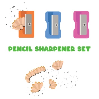Pencil sharpener vector set. Object with a blade inside to make a pencil sharp. Pencil shavings. Pencil waste. Back to school concept. School supplies vector. Flat and 3D vector in cartoon style.
