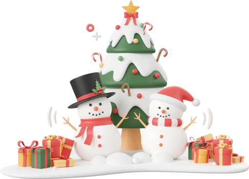 Snowman and Christmas tree on snow ground, Christmas theme elements 3d illustration png
