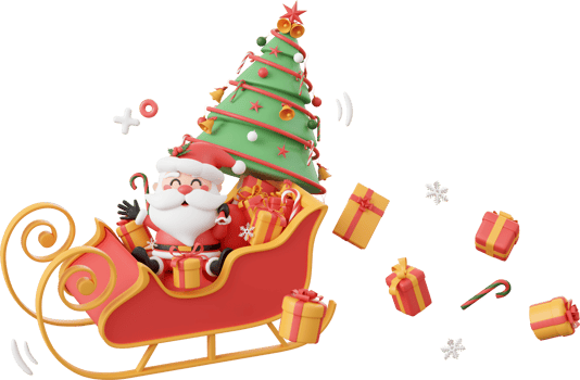 Santa Claus and Christmas tree and gift on sleigh, Christmas theme elements 3d illustration png