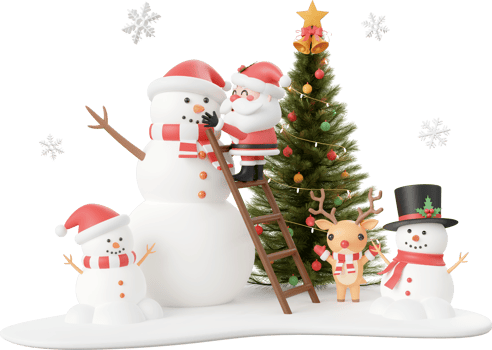 Santa Claus, snowman and reindeer with Christmas tree in opened gift box, Christmas theme elements 3d illustration png