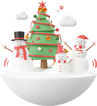 White cute snowman with Christmas tree, Christmas theme elements 3d illustration png
