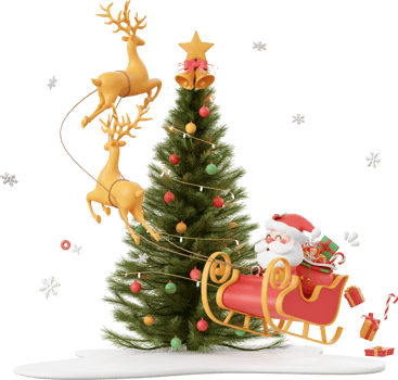 Santa Claus riding a sleigh around Christmas tree, Christmas theme elements 3d illustration png