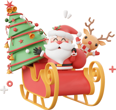 Cute Santa Claus and reindeer with sleigh and Christmas tree, Christmas theme elements 3d illustration png