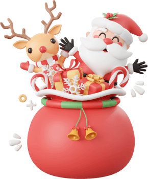 Cute Santa Claus and reindeer with Christmas gift bag, Christmas theme elements 3d illustration png