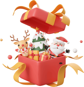 Santa Claus and reindeer with decorations in opened gift box, Christmas theme elements 3d illustration png