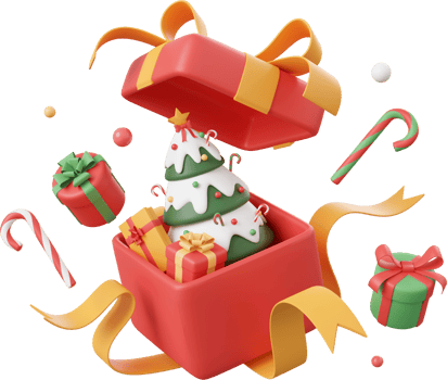 Opened gift box with Christmas tree and decorations, Christmas theme elements 3d illustration png