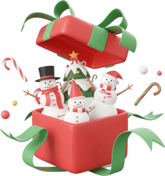 Snowman with decorations in opened gift box, Christmas theme elements 3d illustration png