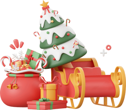 Christmas bag and decorations with Christmas tree on sleigh, Christmas theme elements 3d illustration png
