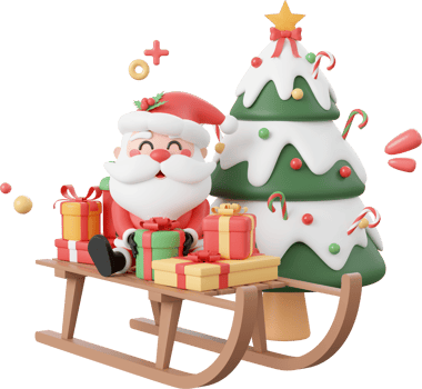 Santa Claus and Christmas gift on sleigh with Christmas tree, Christmas theme elements 3d illustration png