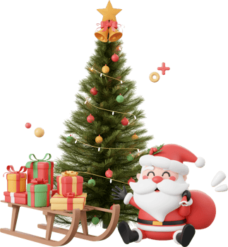 Santa Claus and Christmas gift on sleigh with Christmas tree, Christmas theme elements 3d illustration png