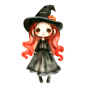 Watercolor and painting halloween witch girl  doll with black hat element illustration png