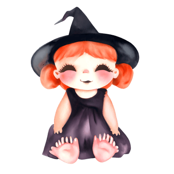 Watercolor and painting halloween witch girl  doll with black hat element illustration png