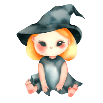 Watercolor and painting halloween witch girl  doll with black hat element illustration png