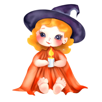 Watercolor and painting halloween witch girl  doll with black hat element illustration png